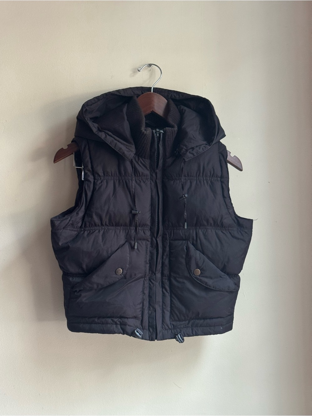 Motivi Women’s Brown Hooded Puffer Vest Full Zip Stand-Up Collar Size S